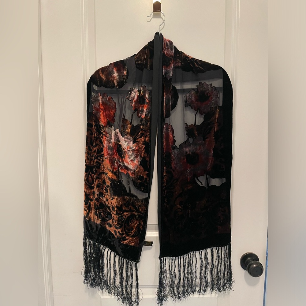 Georgiou Scarf Wrap Black With Fringe and Irridescent Floral Pattern Silk Rayon